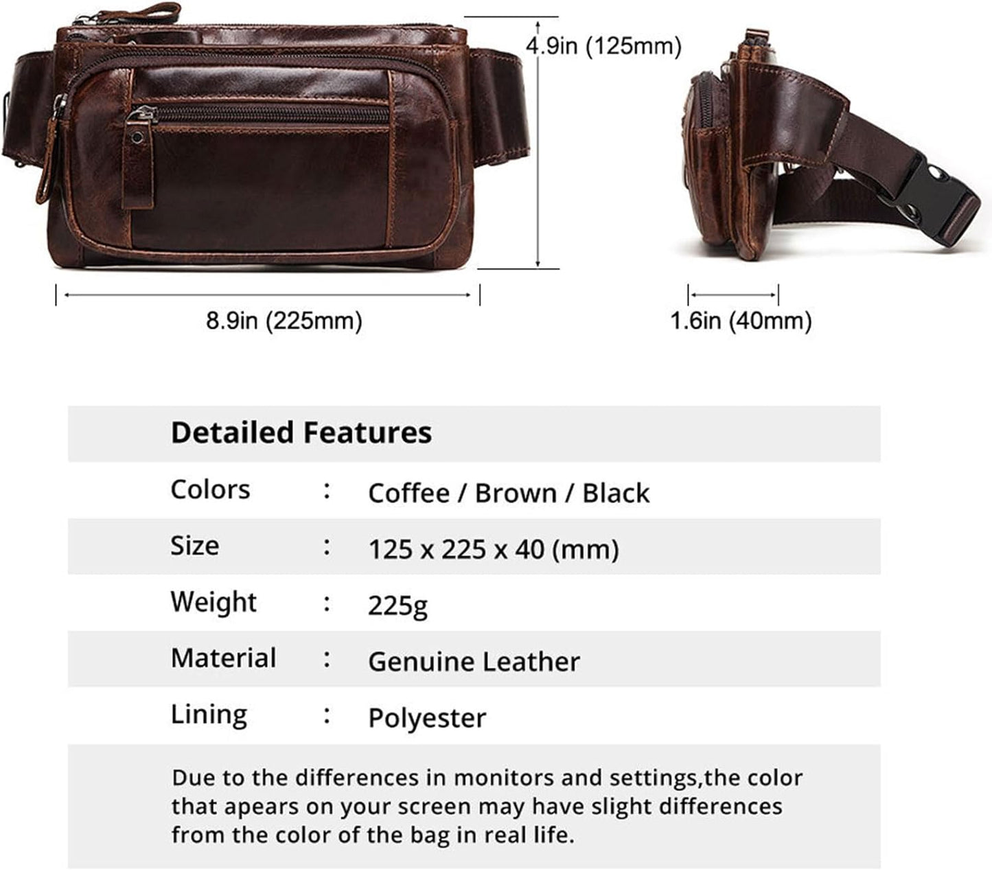 Mens Genuine Leather Waist Pack Fanny Pack Multi Pocket Crossbody Bag Adjustable Strap for Travel Outdoor (Black)