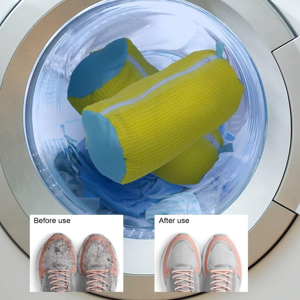 Shoe Washing Machine Bag - 2 Pcs Reusable Premium Shoe Washing Bag with Durable Invisible Zipper - Shoe Bag for Washing Machine Fits Most Sizes & Types - Hands-Free Complete Protection - include brush