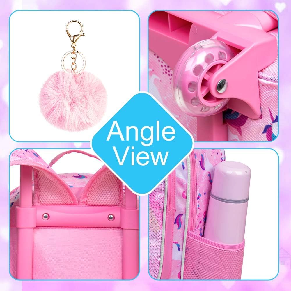 3PCS Rolling Backpack for Girls and Boys， Kids Unicorn Dinosaur Wheeled Bookbag