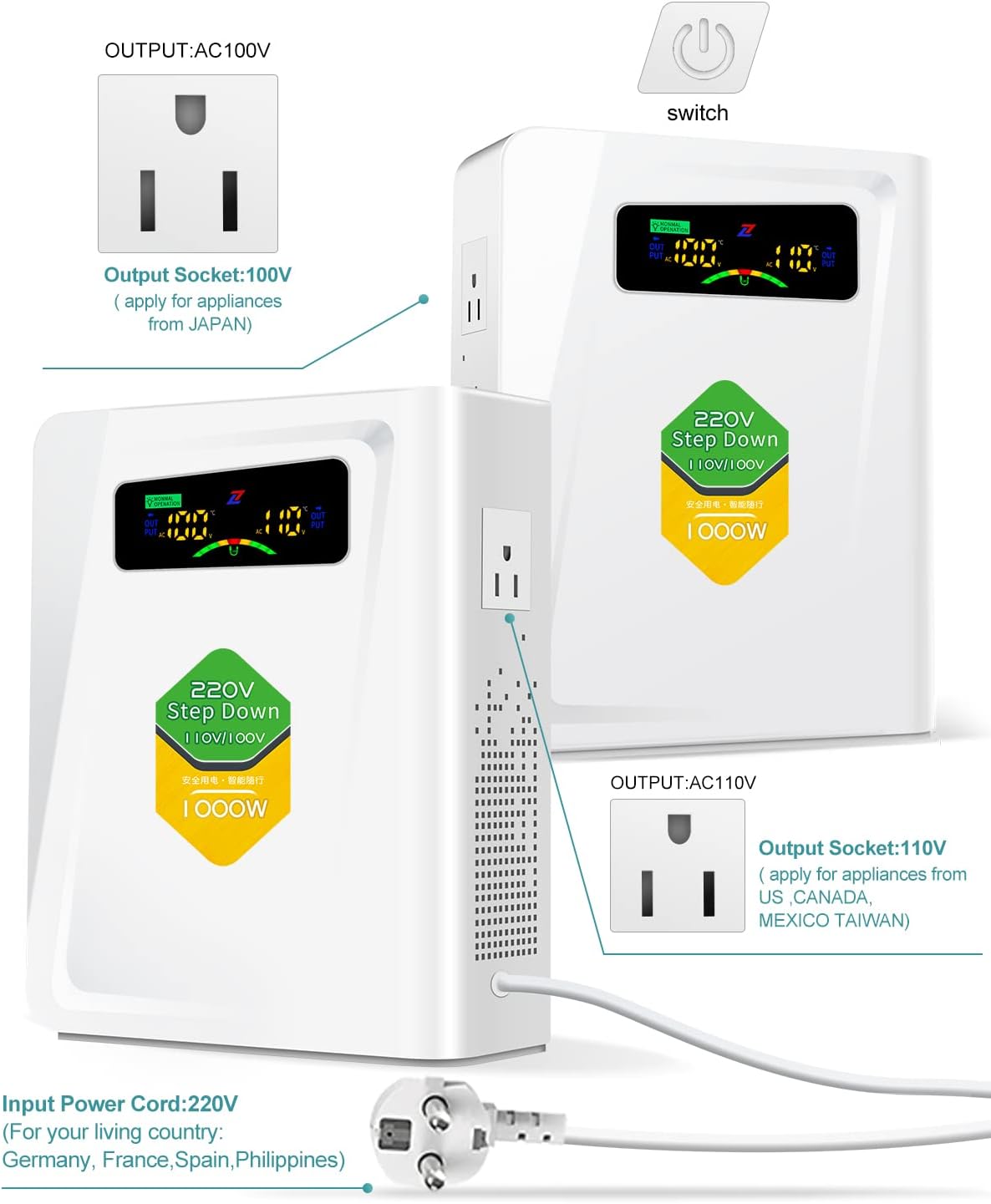 220v to 110v Step Down Transformer 1000W Power Voltage Converters, No Noise, Ten Protection Functions, Suit for Coffee Machines, Rice Cookers and Other US Appliances Used in Europe