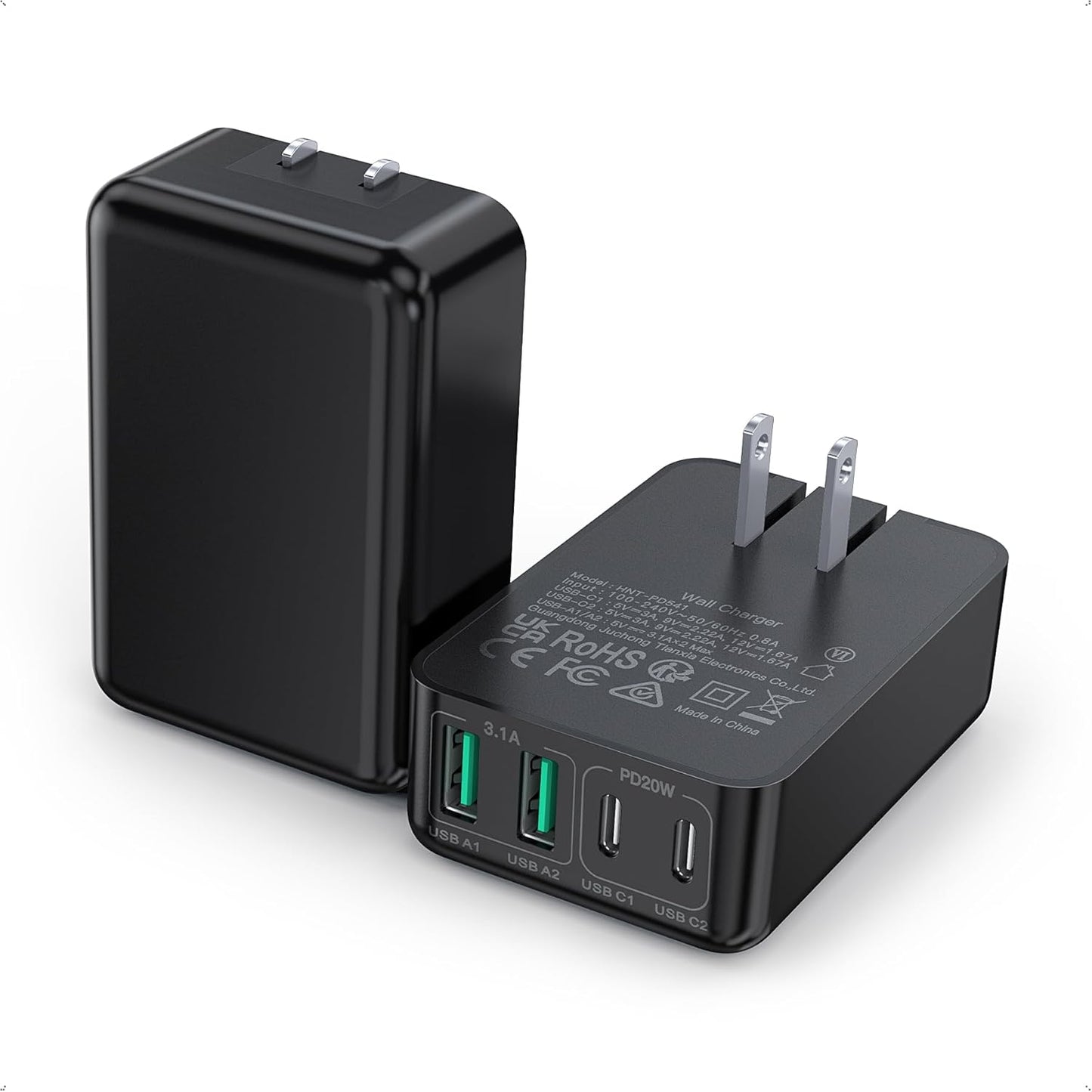 2Pack Flat USB C Charger Block, 40W 4-Port Fast Charger 20W Type C Charging Block 3.1A USB Wall Charger Dual Port PD+QC Charging Cube for iPhone 17 16 15 14 13 Pro Max XS, iPad,Samsung,Tablet（Black）
