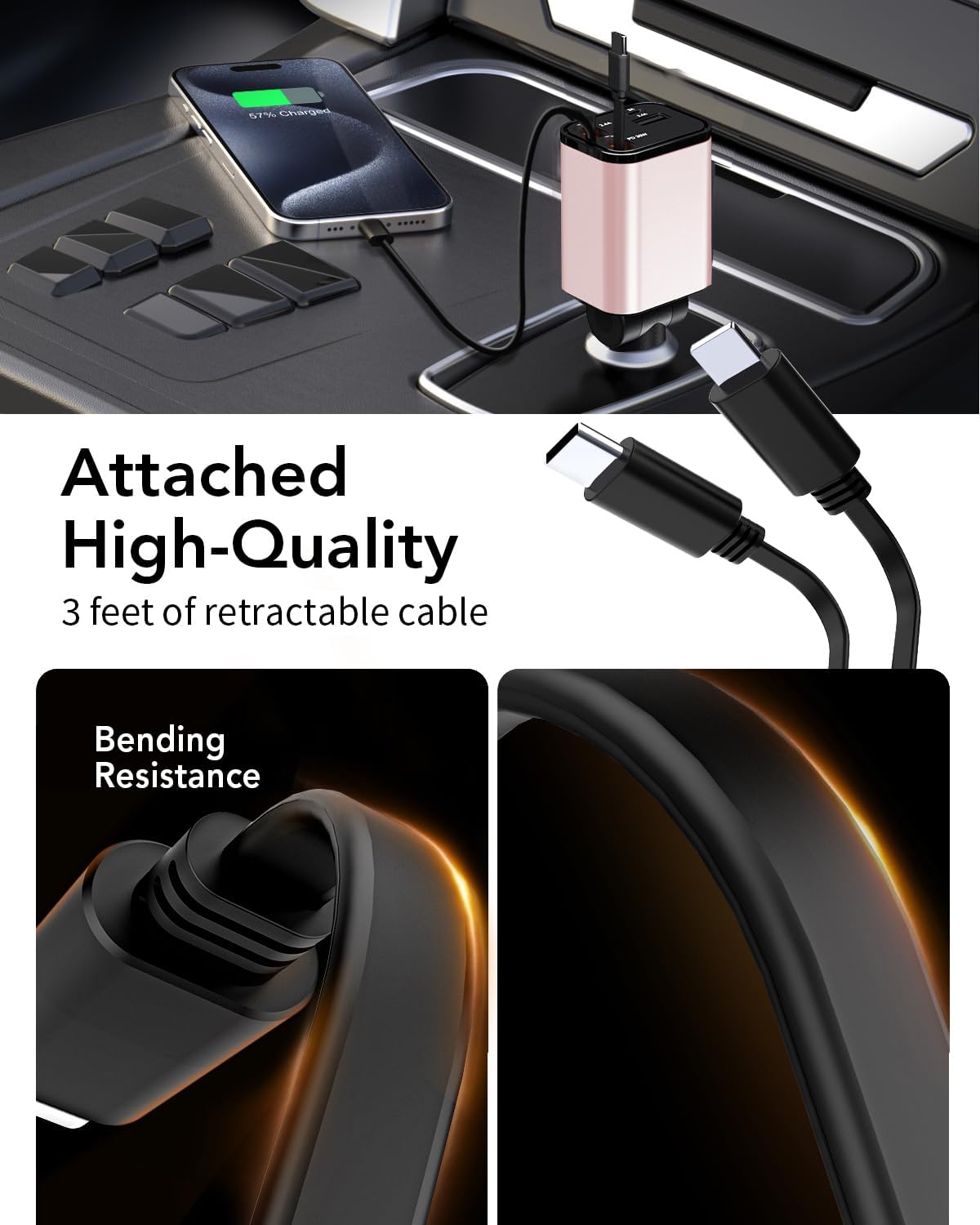 69W Fast Charging USB C Car Charger, 4-in-1 Retractable Phone Charger for iPhone 17, Travel Essentials, Gifts for Women Men, Car Accessories for Women Men, for iPhone 17 16 15 14 13, Galaxy, Pixel