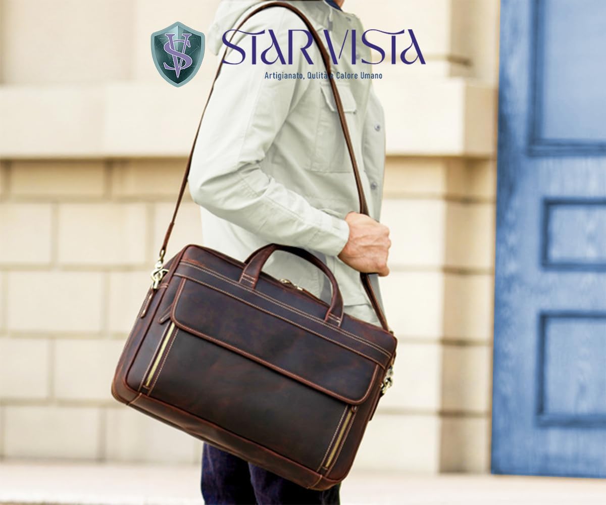 STAR VISTA Sforza Large 18" Laptop Messenger Bag, Leather Briefcase for Men, Business Travel, YKK Zippers and Brass Hardware