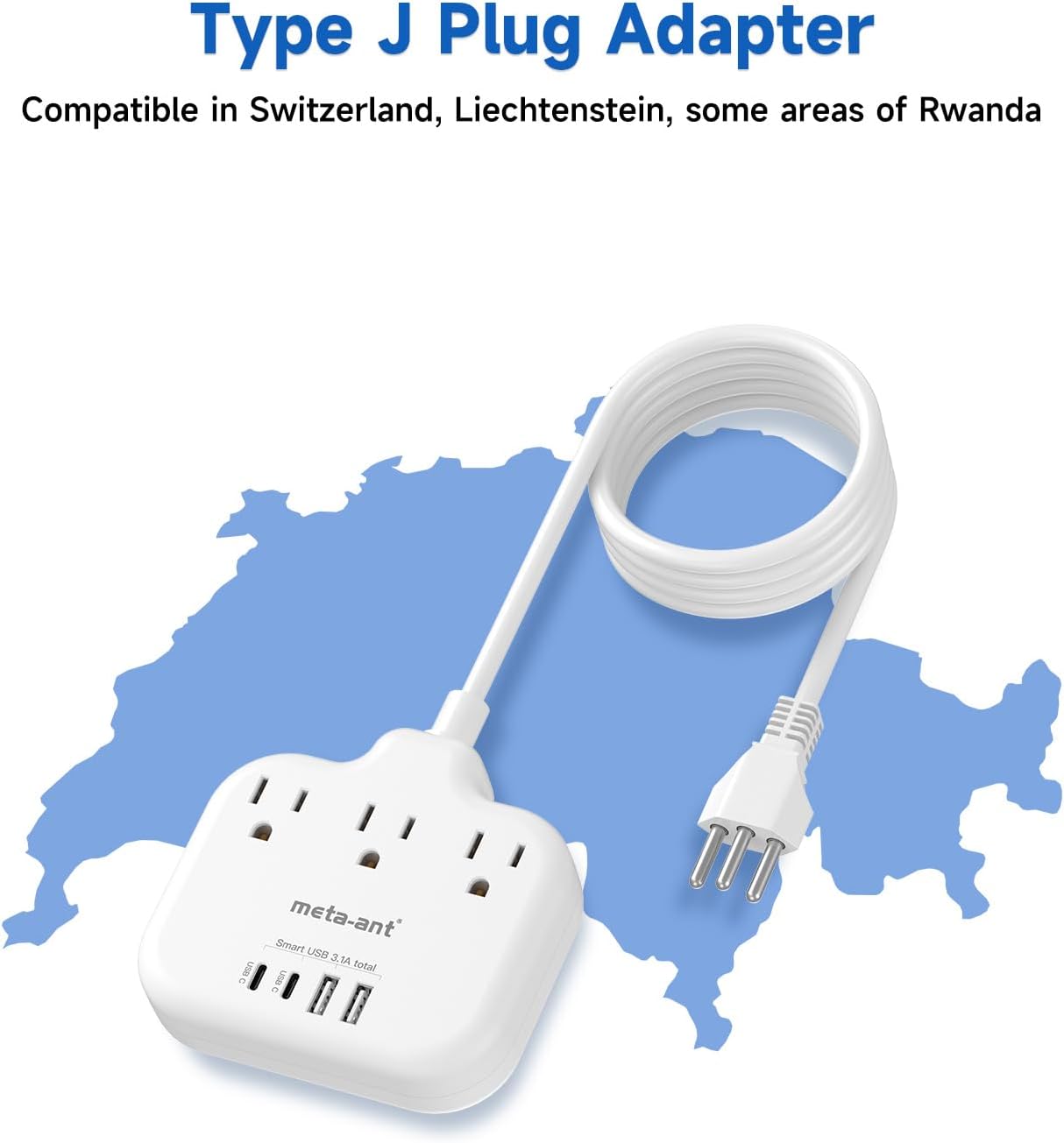 Switzerland Travel Plug Adapter with 5FT Extension Cord, meta-ant Type J Adapter with 3 Outlets 4 USB Ports(2 USB-C), Switzerland Power Adapter for US to Swiss Switzerland Liechtenstein Rwanda