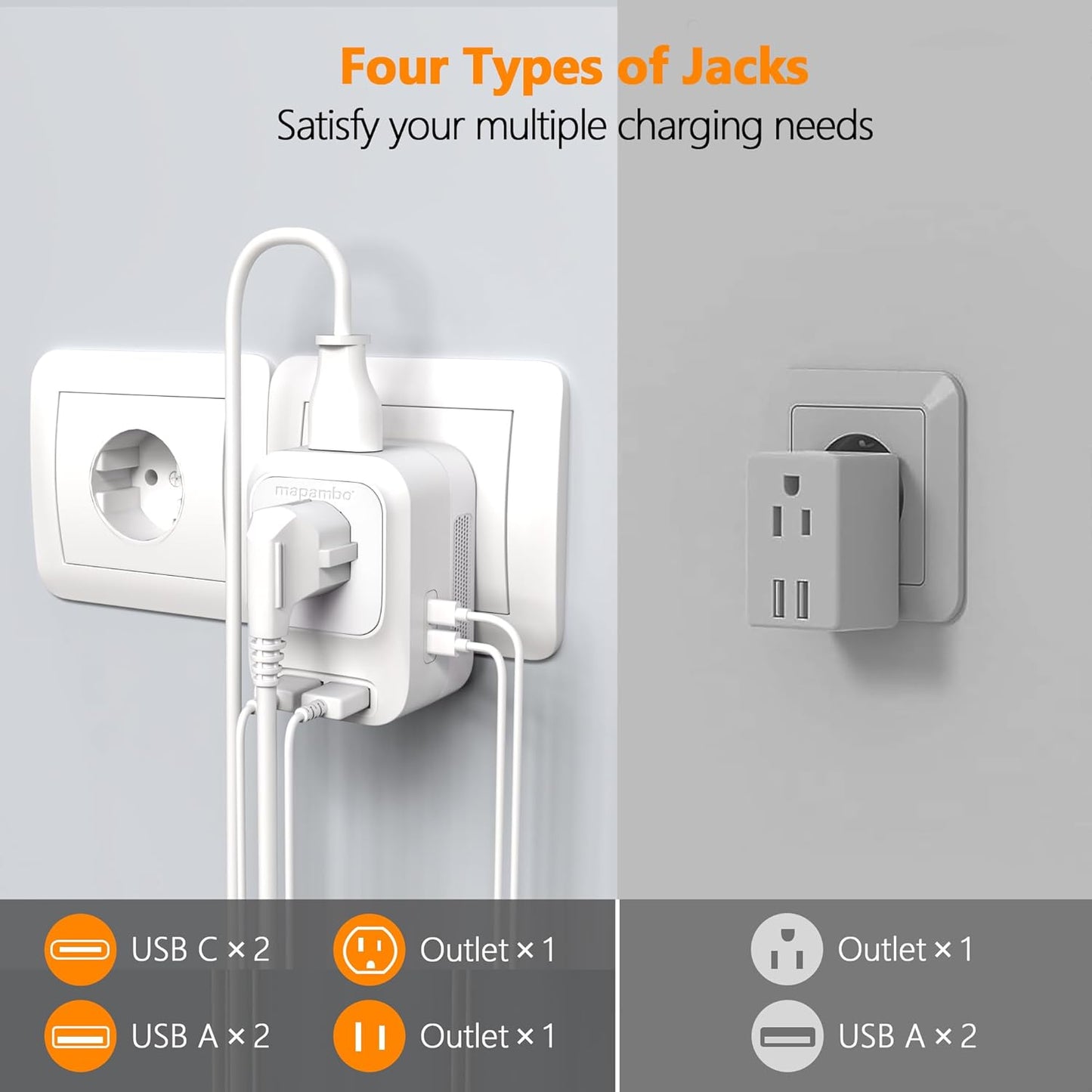Mapambo 220V to 110V Voltage Converter US to Europe with 2 USB Port 2 USB C International Power Adapter Converter for European Travel Plug Adapter for US to France Germany Italy Spain (Jet Black)