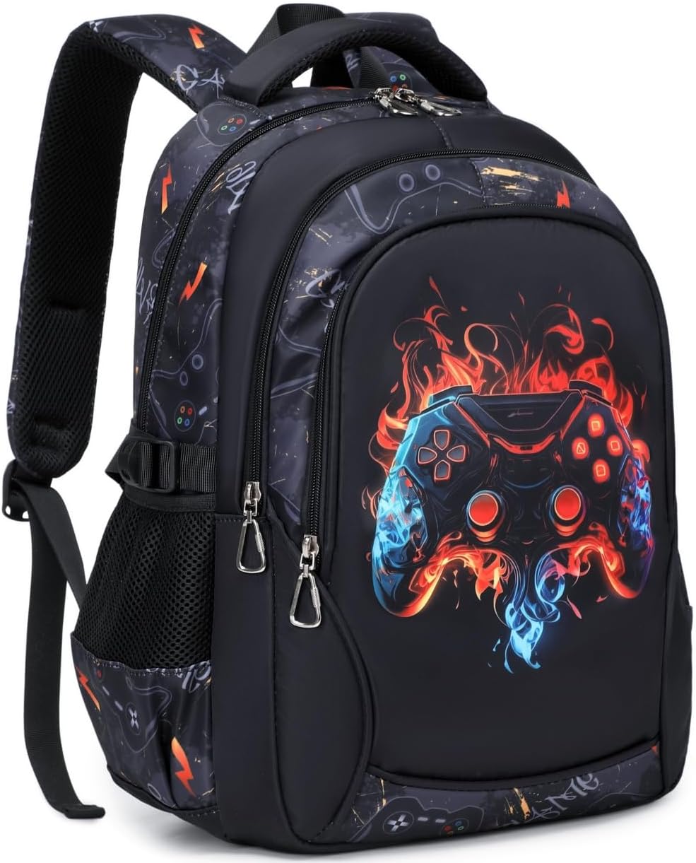 Boys Backpack for Elementary Kids Bookbag Middle School Bags Heavy Duty Soccer Laptop Durable Waterproof 18 In (4-Flame Game)