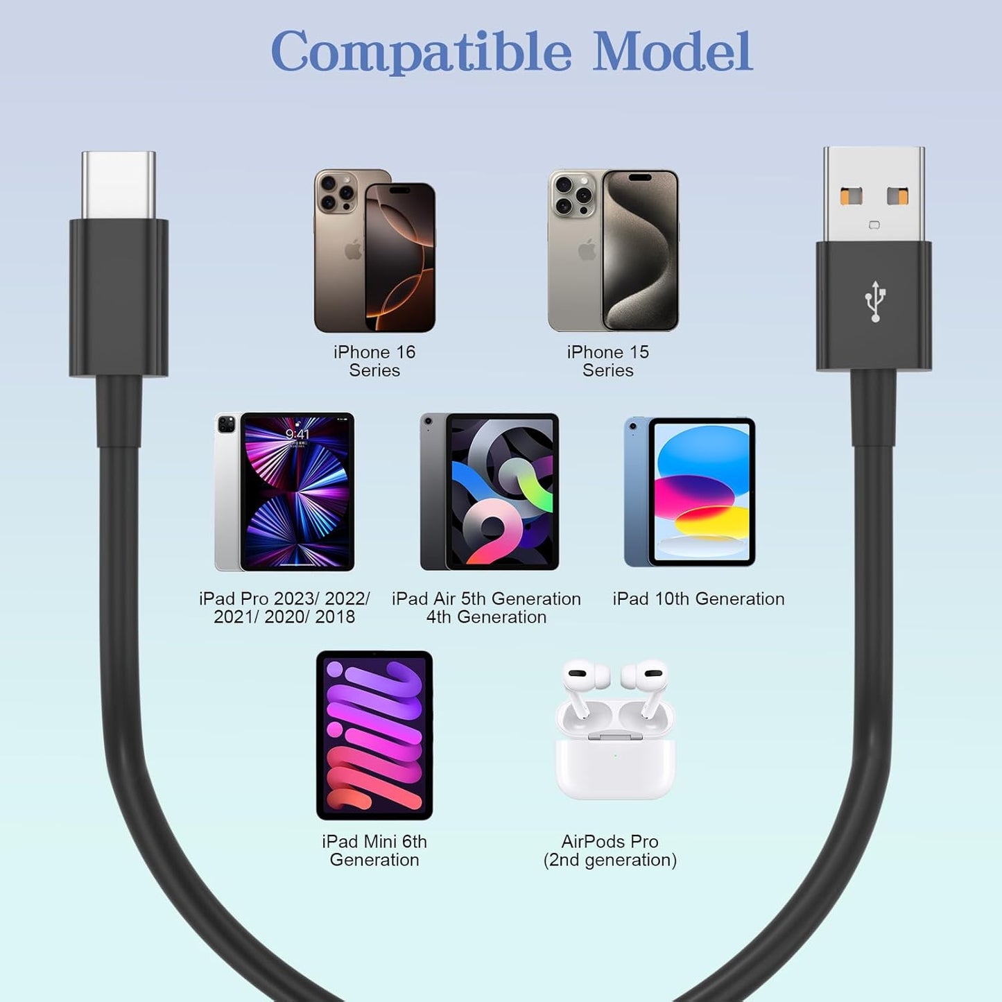 Car Carplay Cable for iPhone 17/16/15,iPhone 17/16/15Pro 17/16/15ProMax 17/16/15 Plus, USB A to USB C Cable for Apple Carplay, USB-C Car Charger for iPad Pro iPad Air 5th 4th Mini 6th Type C 3FT-Black