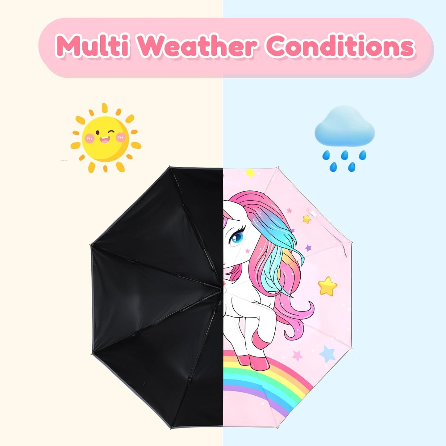 Autoamtic Kids Umbrella UV Resistant, Folding Compact Umbrella 360° Reflective Strip for Travel Outdoor, Lightweight Cute Kids Parasol Anti-rebound Safe for Toddler