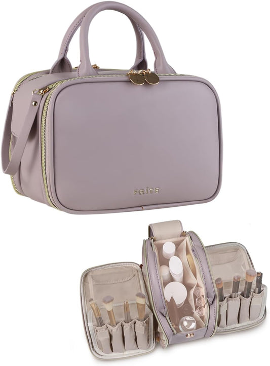 Prite Makeup Bag for Women, Large Capacity Waterproof Travel Cosmetic Organizer, Portable Open Flat Toiletry Bag with Free-standing Brush Holder and Handle(Purple Meidum)