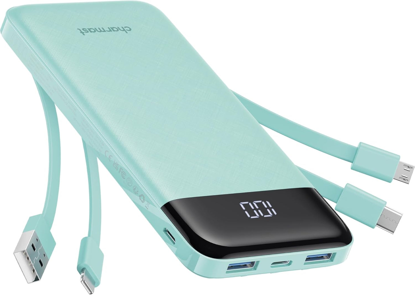 charmast Portable Charger with Built in Cables, Power Bank with Cords Wires, Slim 10000mAh Travel Battery Pack 6 Outputs 3 Inputs 5A Fast Charging for Samsung Google Pixel LG Moto iPhone iPad
