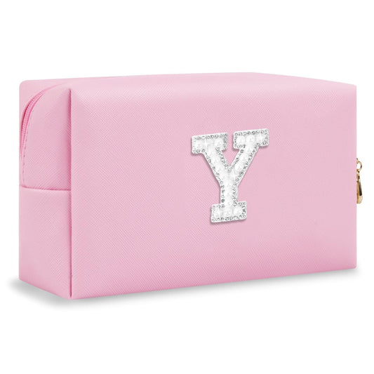ChaoGreat Bride Gifts – Personalized Initial Makeup Bag with Pearl Rhinestone Patch, Preppy Pink Monogram Cosmetic/Toiletry Pouch, bridesmaid Gifts, Bridal Shower Gifts, Wedding Gifts, Bridal Gifts,Y