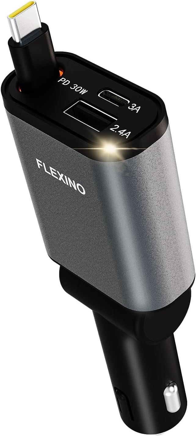 Flexino 【Ultra-Slim】 Retractable Car Charger for iPhone 16, 57W Fast Charging Car Chargers, USB C Car Charger Adaptor, Cigarette Lighter Adapter for iPhone 16/15 Series, Galaxy, Pixel, Grey