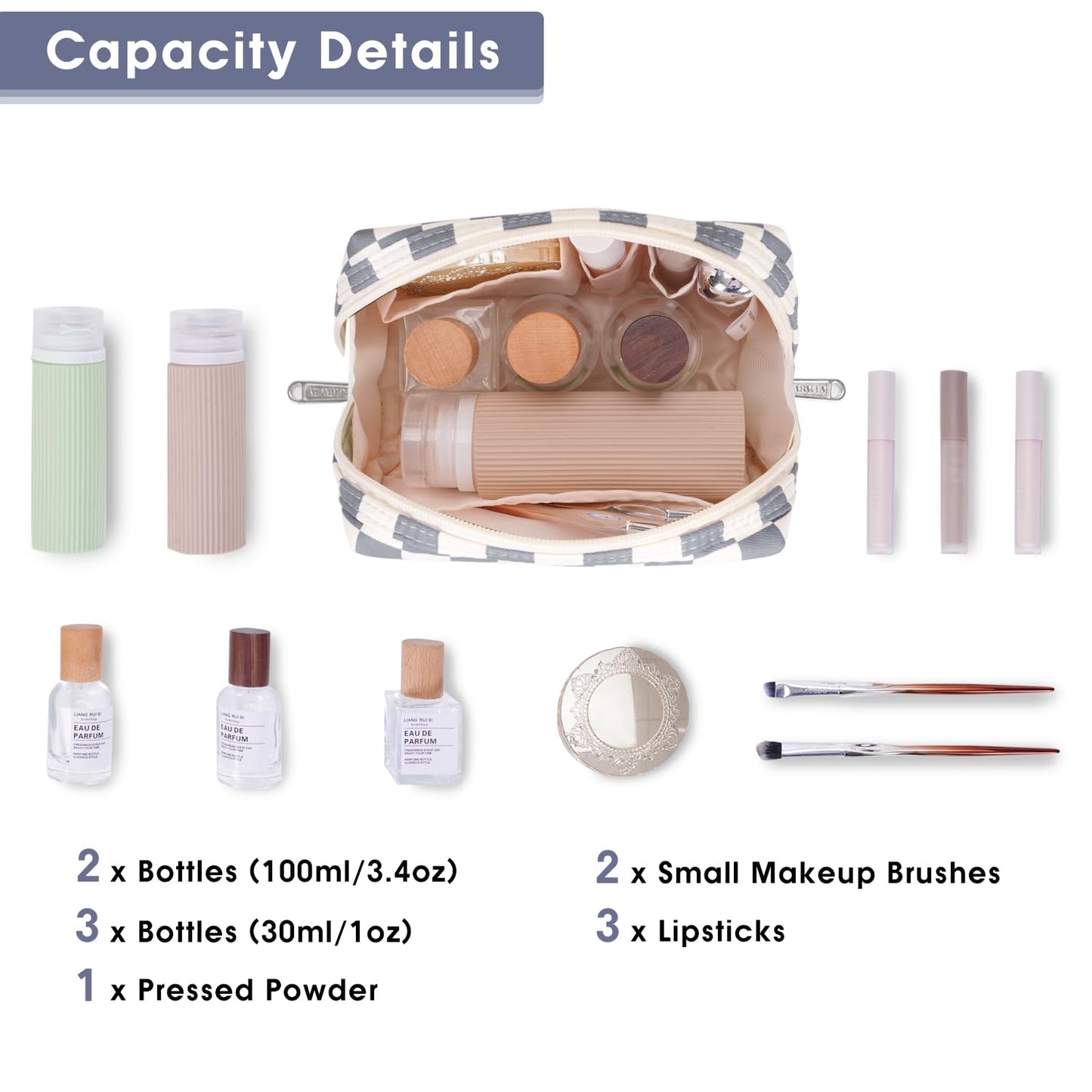 Narwey Small Checkered Makeup Bag for Purse Mini Cosmetic Bag Travel Makeup Pouch Zipper Pouch Cute Make up Bags with Compartments for Women Girls (Grayish Blue Checkerboard, Small)
