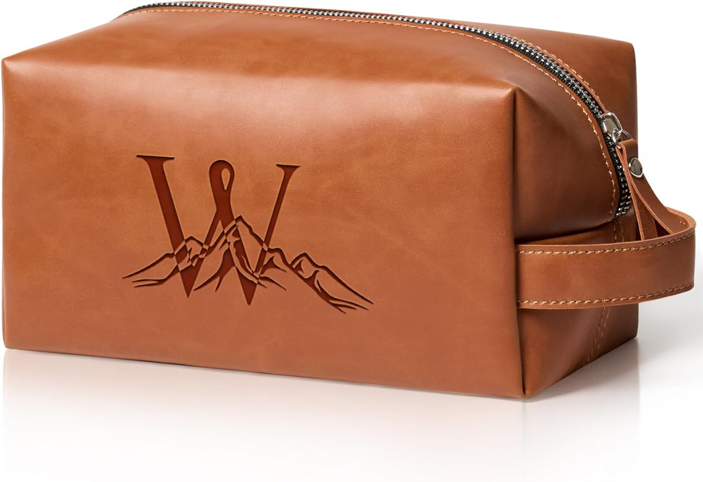 Personalized Gifts Travel Toiletry Bag for Men Engraved Initial PU Leather Waterproof Shaving Bag for Toiletries Accessories Fathers Day Birthday Gift for Men Dad Husband Son, Light Brown W