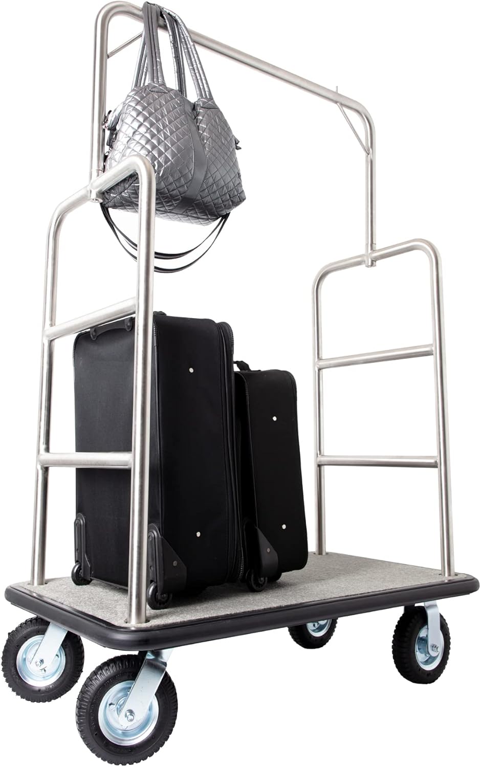 Stainless Steel Luggage Cart – Hotel Bellman Heavy Duty 1.5" Welded Steel Frame Valet Cart w/Grey Carpeted Deck & Rubber Wheels – Wheels for Travel & Outdoor Use - 1200 lb
