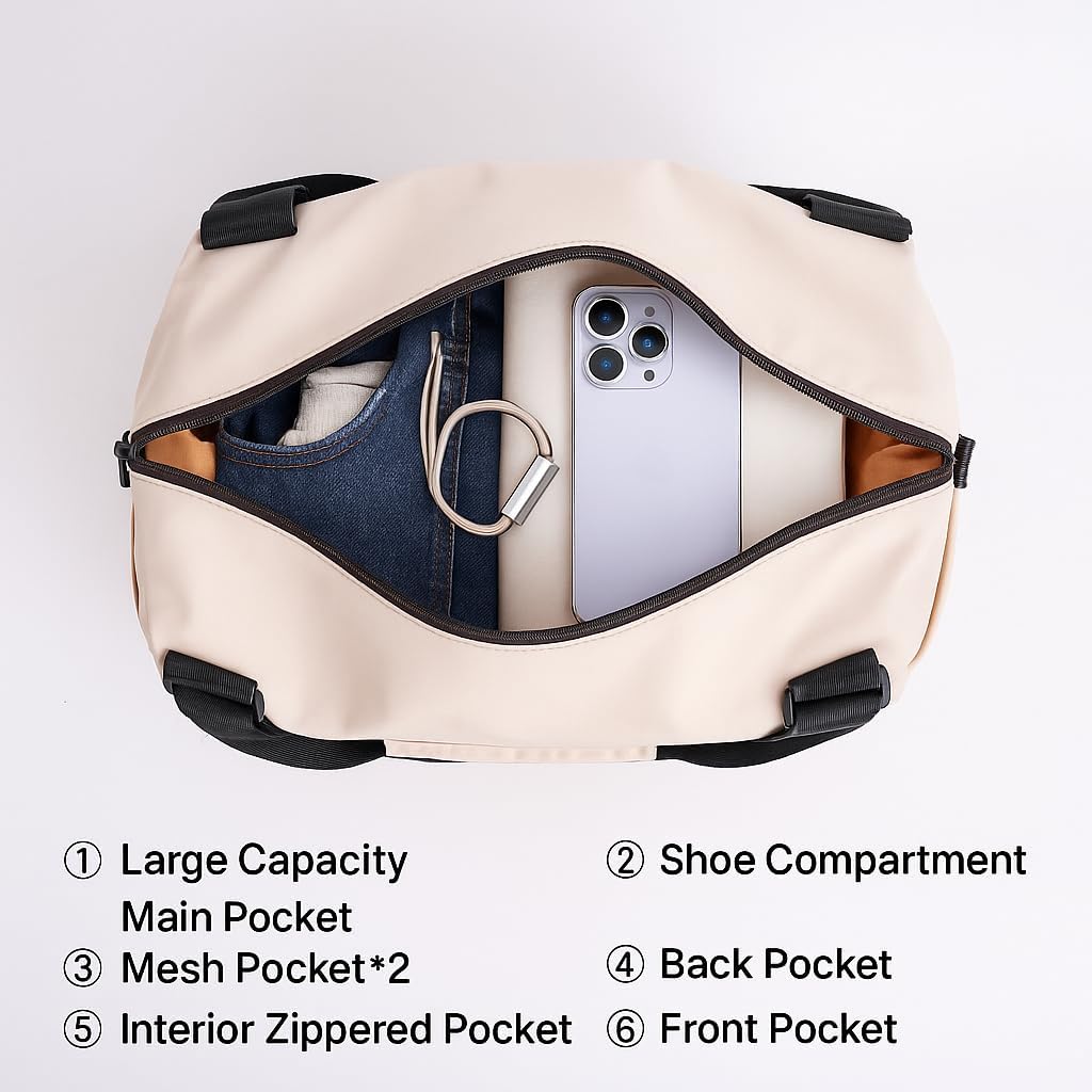 Gym Bag for Women Men with Shoe Compartment, Waterproof Small Duffle Bag for Travel, Sports, Weekend Lightweight Carry On Tote Bag (White)