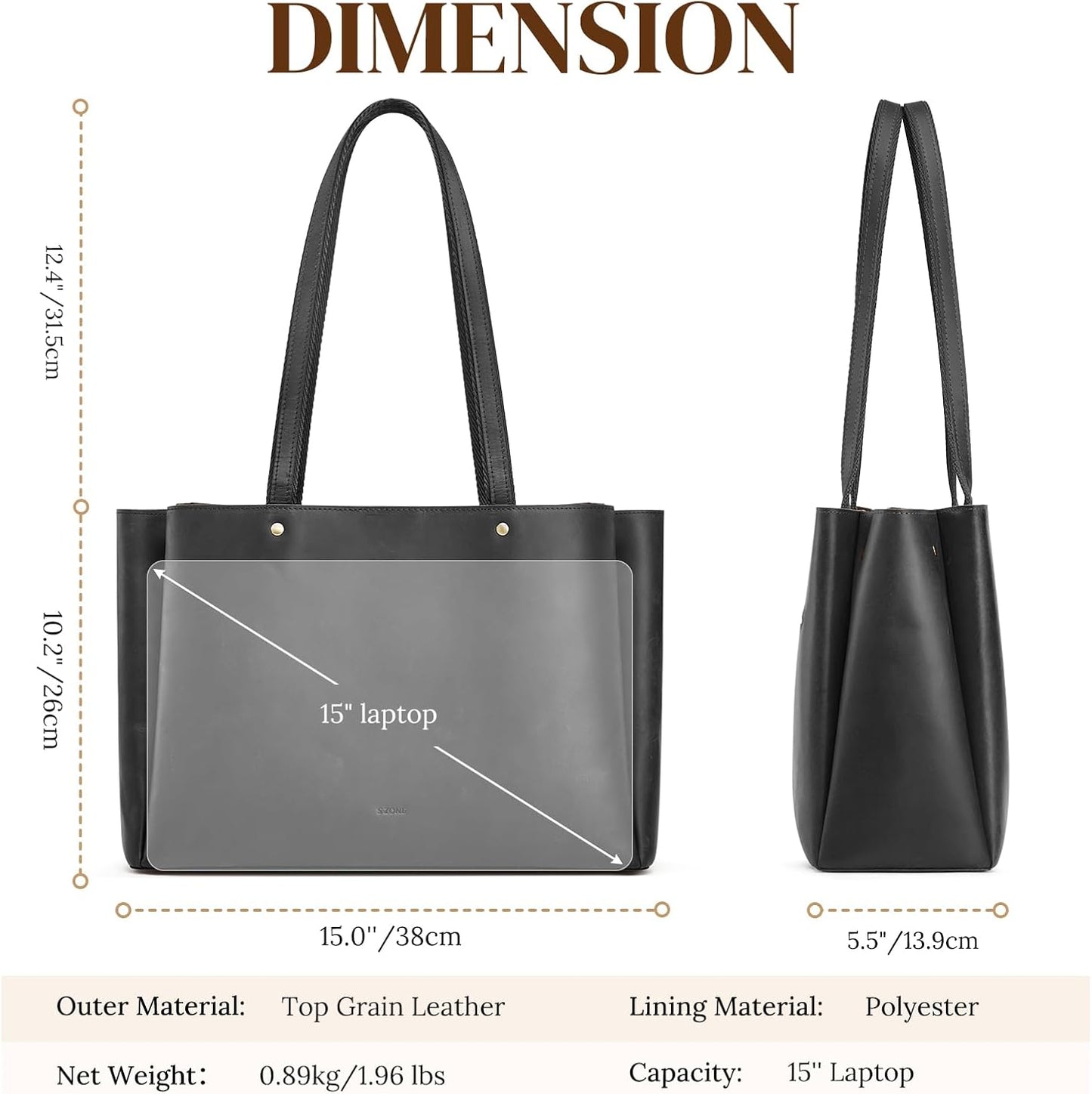S-ZONE Genuine Leather Tote Bag for Women Work Large Shoulder Handbag with Zipper Compartment for Travel Professional