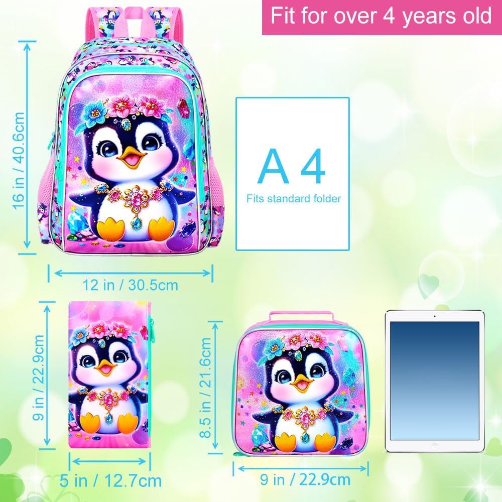 3Pcs Backpack for Girls, 16" Penguin Kids Bookbag for Elementary Preschool Kindergarten, School Backpacks with Lunch Box(Pink)