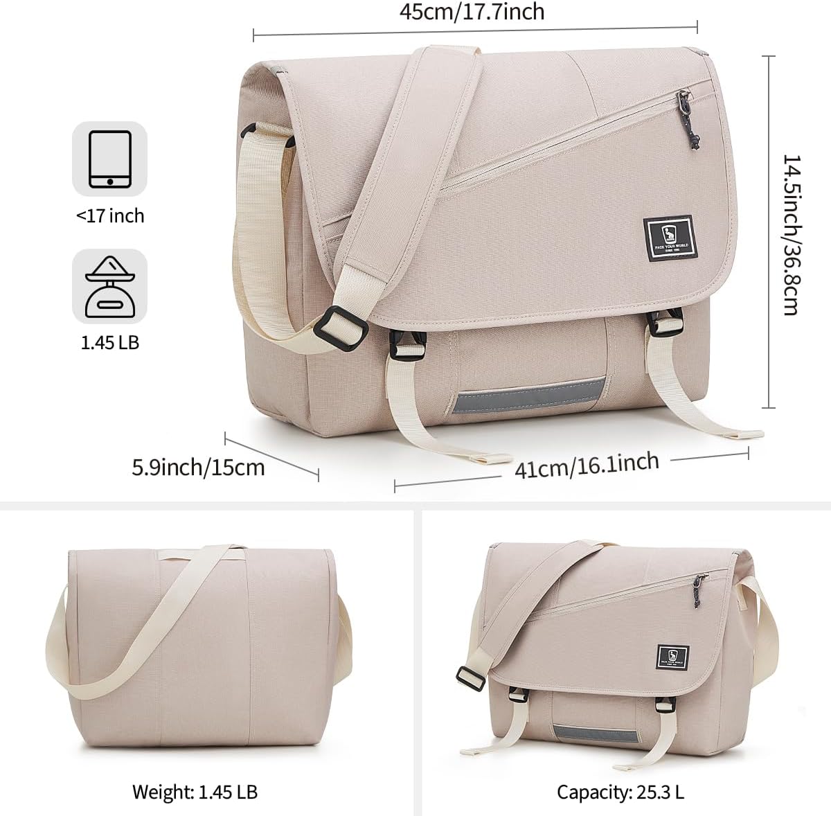 OIWAS Messenger Bag for Women, 17 Inch Laptop Crossbody Bags Men Casual Satchel Shoulder Bag College Travel Office Briefcase (White, 17 inch)