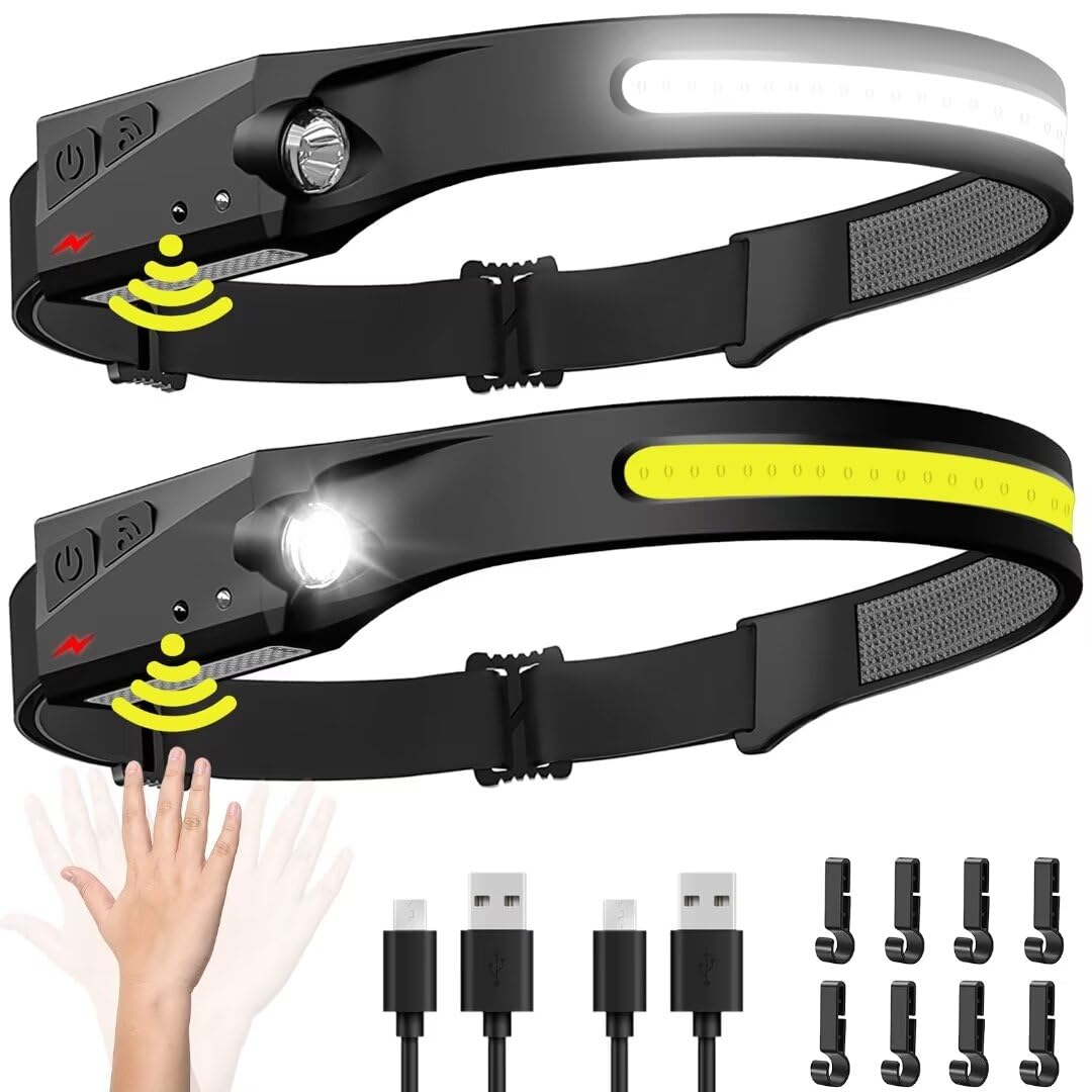 Headlamp Rechargeable 2PCS, 230° Wide Beam Head Lamp LED with Motion Sensor for Adults - Camping