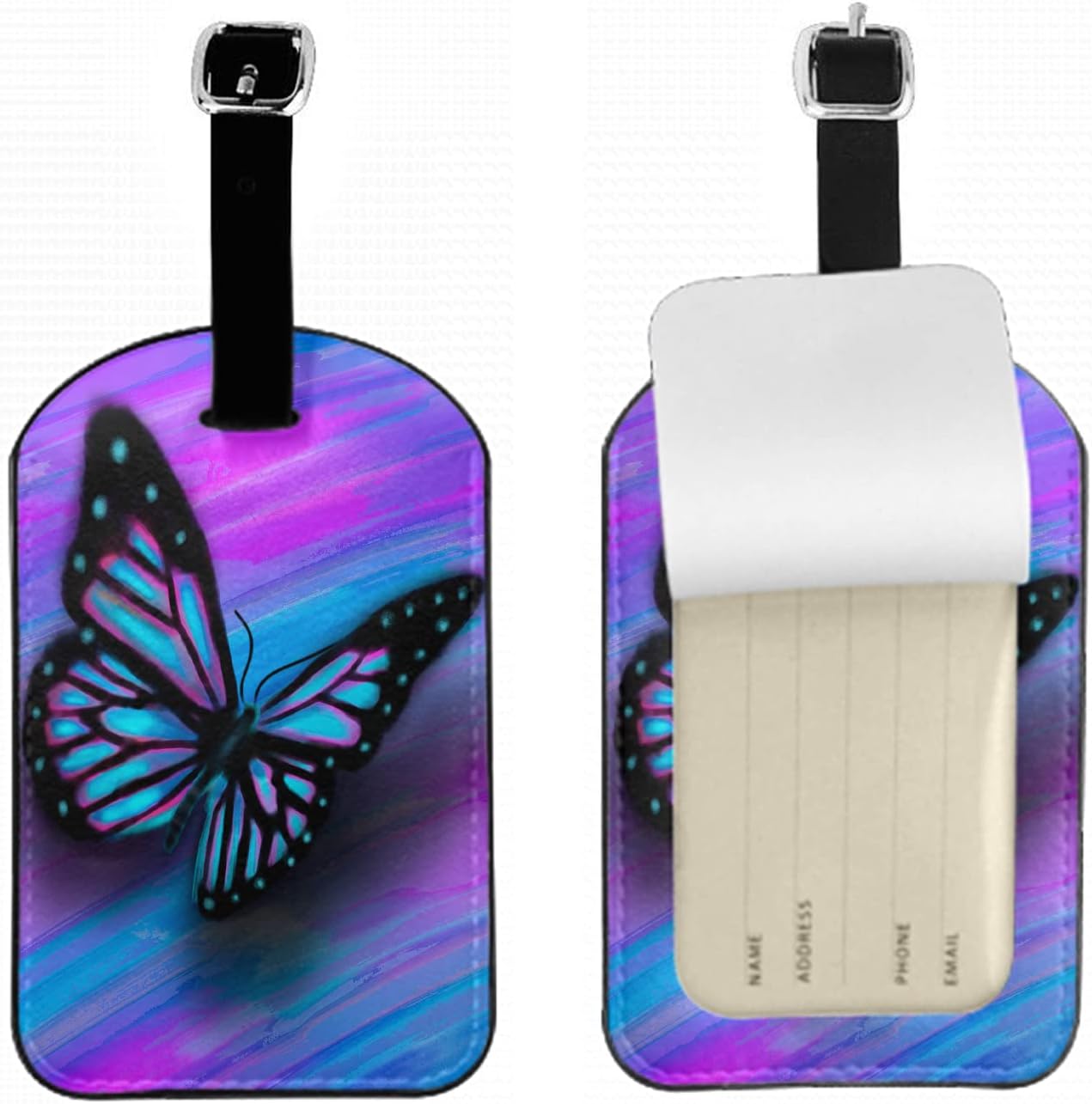 Butterfly Luggage Tag with Full Privacy Cover Pink Blue Flying Wings Spring Tropical Animal Travel Accessories Tags with Name ID Labels for Suitcases Women Men, 1 Pack