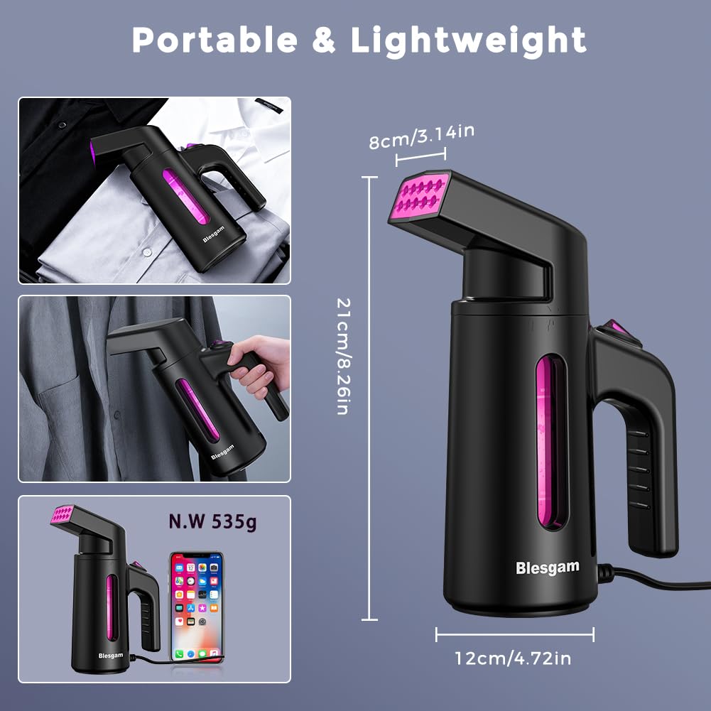 Blesgam Travel Steamer for Clothes, Dual-Row Steam Handheld Clothes Steamer