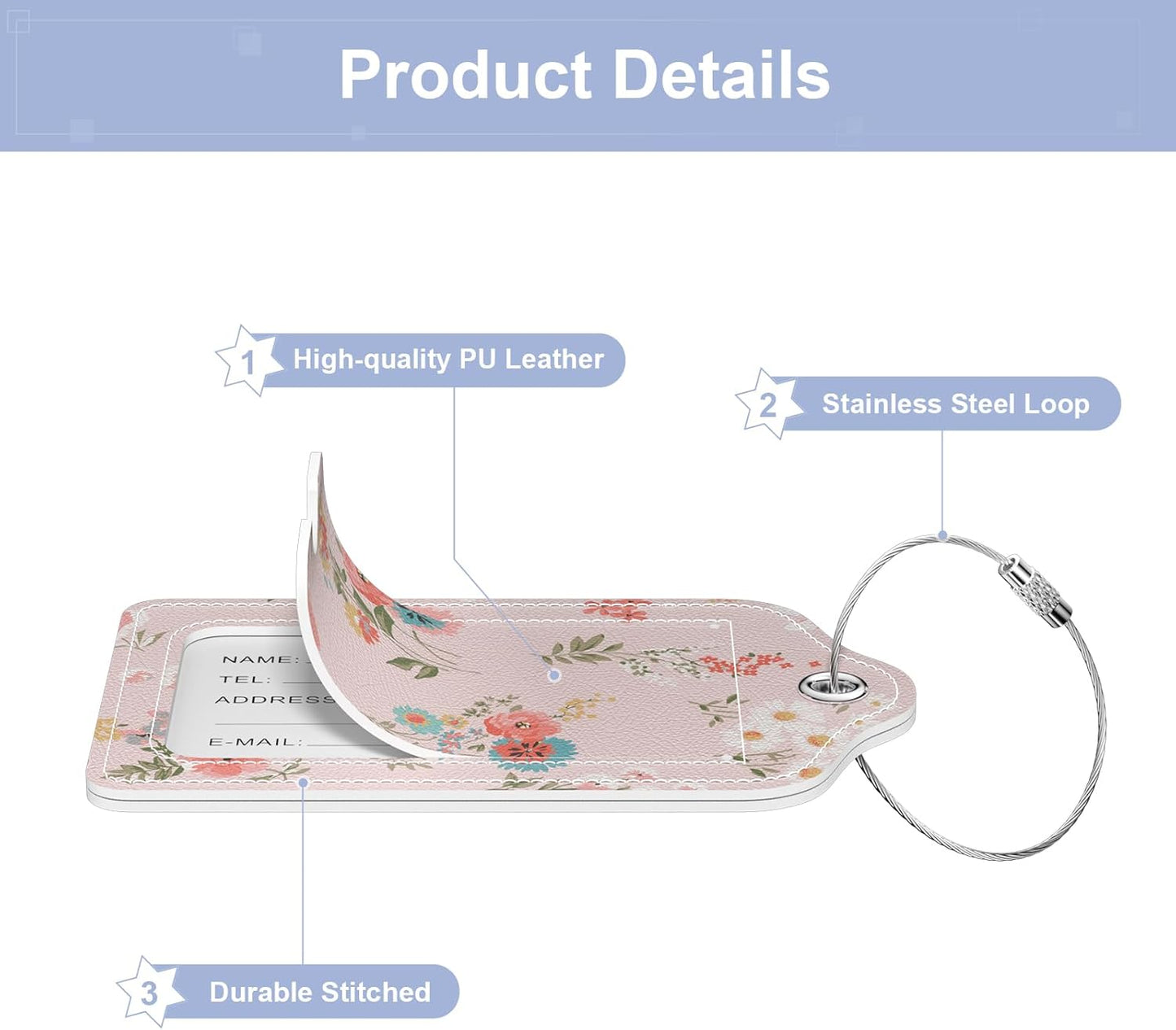 2 Pack PU Leather Luggage Tags for Suitcase, Travel Cruise Luggage Tag with Privacy Flap, Name ID Label and Metal Loop for Women Men Baggage Handbag School Bag Backpack, Daisy Flowers