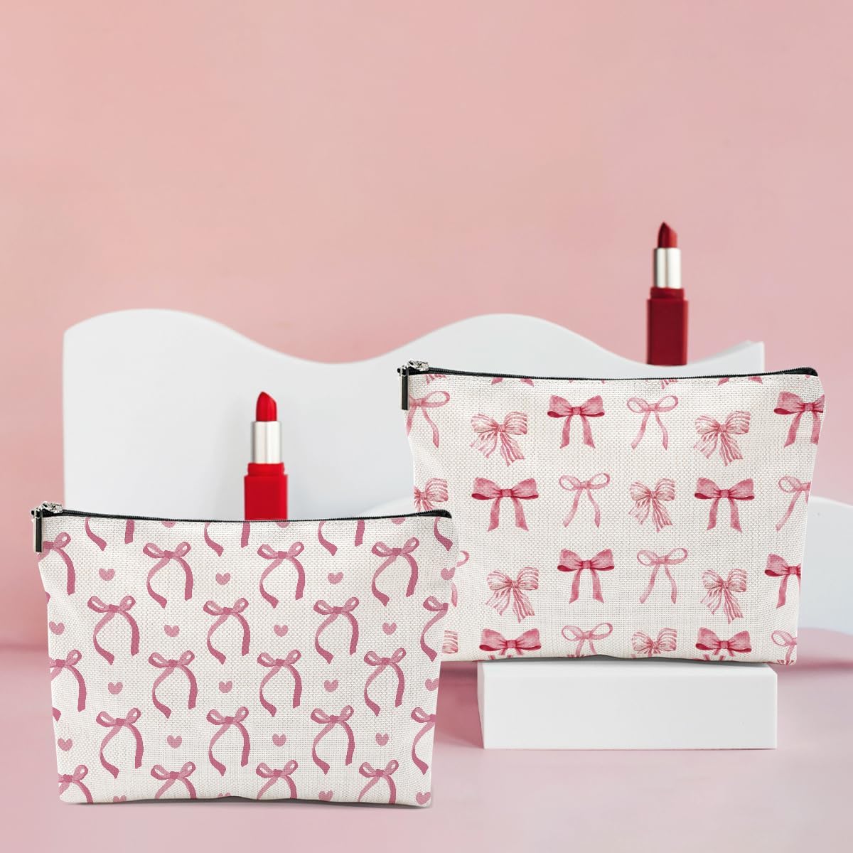 4PCS Pink Bow Makeup Bag, Coquette Preppy Cosmetic Bags Bow Gifts for Women Girls Pink Trendy Toiletry Bag Best Birthday Christmas Gifts for Girls Women Sister Travel Bags