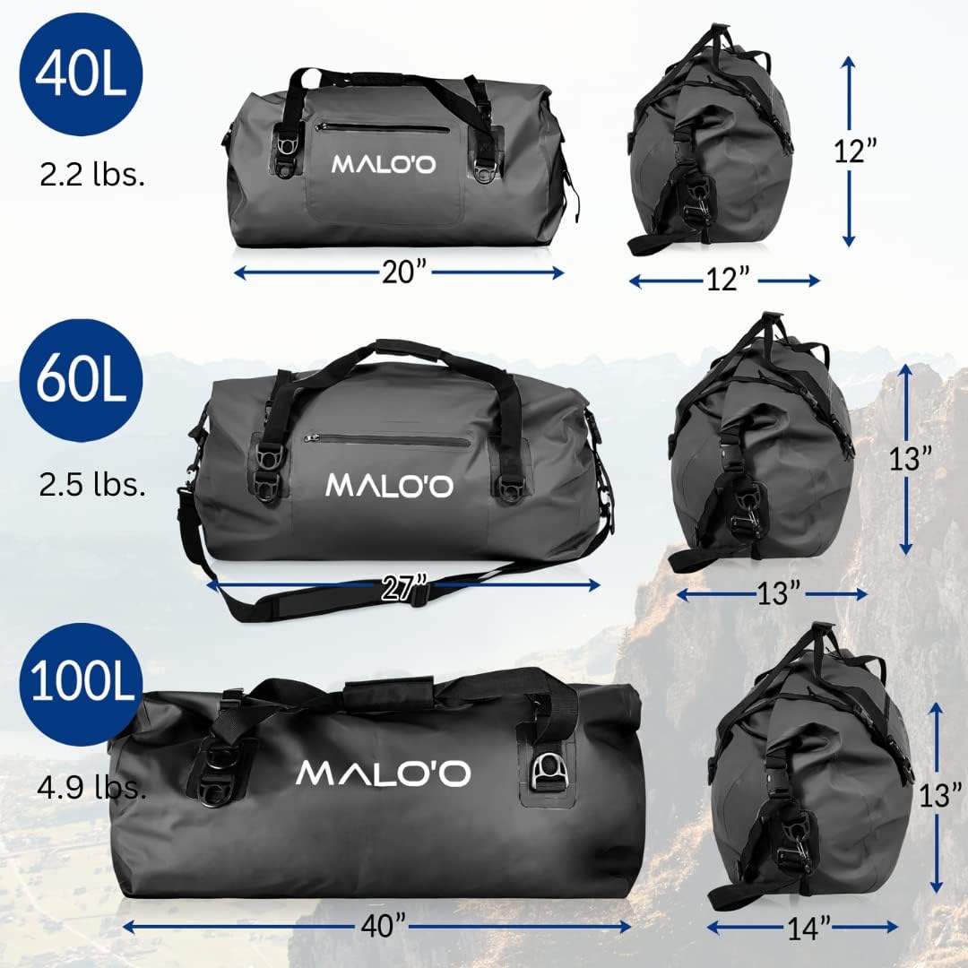 Malo’o Waterproof Dry Duffel, Heavy-Duty Roll Top Waterproof Gear Bag with Shoulder Strap & Molle Loops, Marine Duffel for Kayaking, Boating, Camping, Beach & Travel, Black, 40L