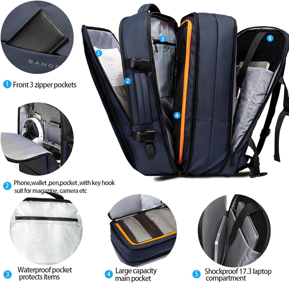 BANGE 45L Travel Backpack, Expandable Backpacks,Traveling Business Backpack For 17.3” Laptop,Airport Suitcase Backpack For Men