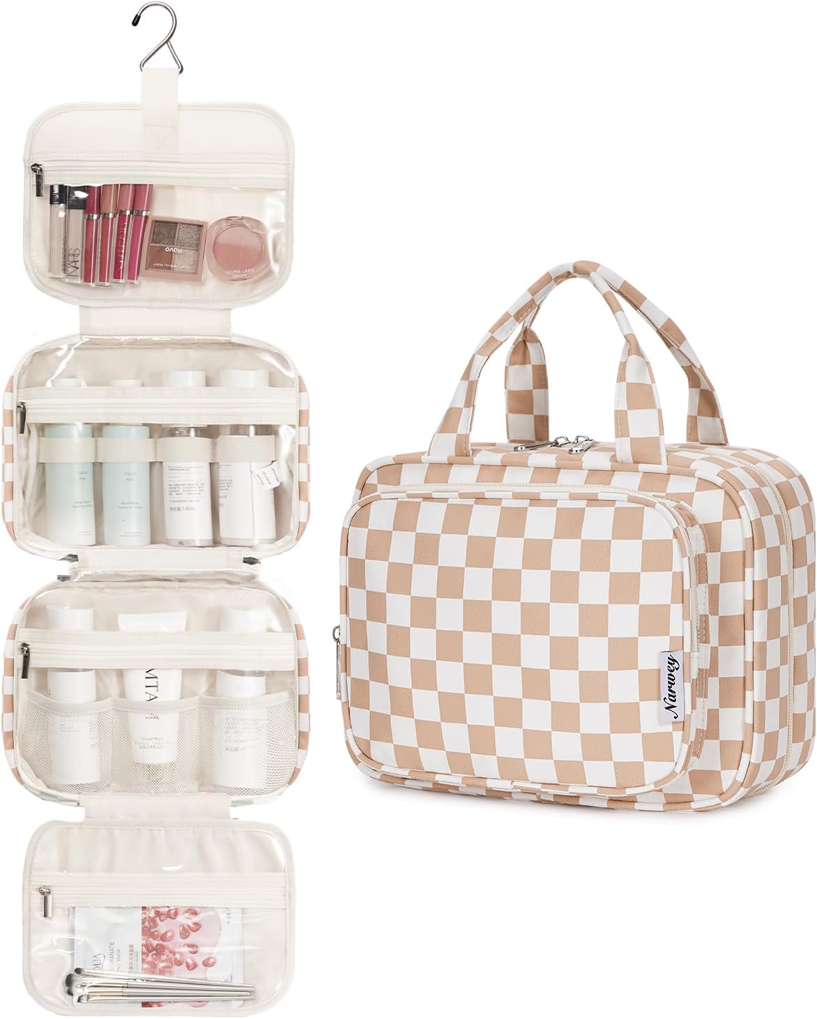 Narwey Hanging Toiletry Bag for Women Travel Makeup Bag Organizer Toiletries Bag for Travel Size Essentials Accessories Cosmetics (Light Checkerboard (Medium))