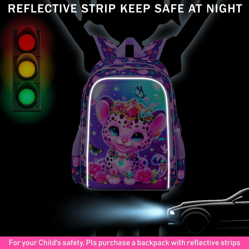 3Pcs Girls Backpack, 16" Kids Bookbag with Lunch Box，Leopard School Backpacks for Elementary Preschool Kindergarten (Purple)