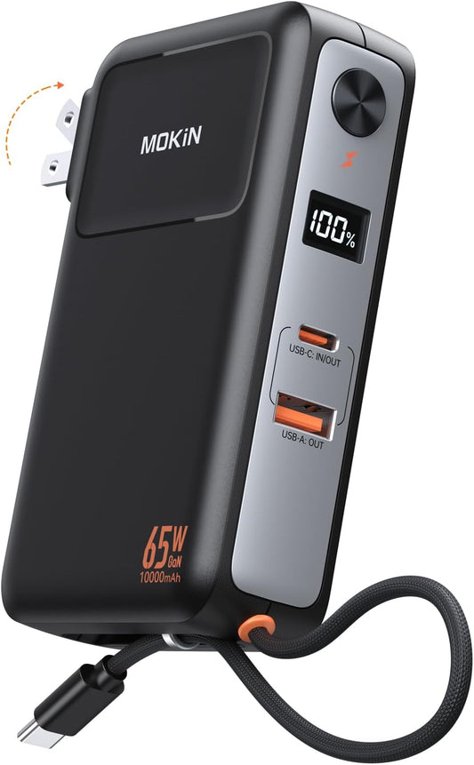Portable Charger, 10000mAh Power Bank Built in Cable and Wall Plug 65W for Laptop, 3 in 1 Phone Battery Pack 35W Fast Charging, Travel Essentials USB C Compatible with iPhone 17 16 15 Samsung MacBook