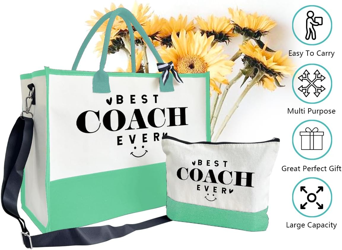 SUSZDOU Gifts for Best Coach Ever - Canvas Beach Tote Bag with Matching Makeup Pouch, Durable Travel Gym Camping Bag, Thank You Gift for Sports Coach, Female Trainers Gifts for Women H1