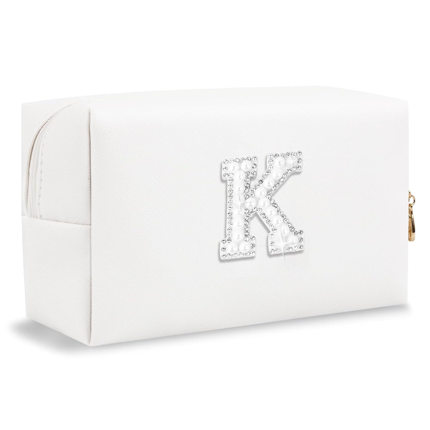 Bride Gifts – Personalized Initial Makeup Bag with Pearl Rhinestone Patch, Preppy White Monogram Cosmetic/Toiletry Pouch, bridesmaid Gifts, Bridal Shower Gifts, Wedding Gifts, Bridal Gifts,K