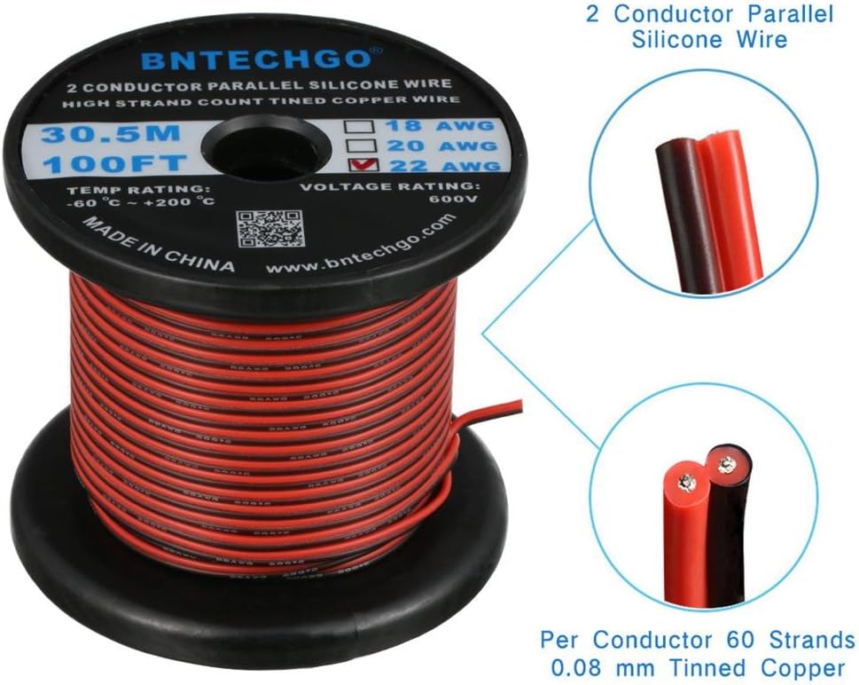 BNTECHGO 22 Gauge Flexible 2 Conductor Parallel Silicone Wire Spool Red Black High Resistant 200 deg C 600V for Single Color LED Strip Extension Cable Cord,Model,100ft Stranded Tinned Copper Wire