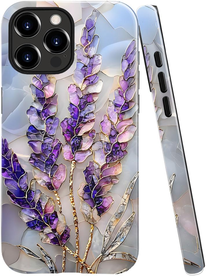 Case for iPhone 15 Pro Max - Slim Fit Anti-Scratch Phone Case for Girl Women - Lavender Stained Glass Purple Floral (Glossy)