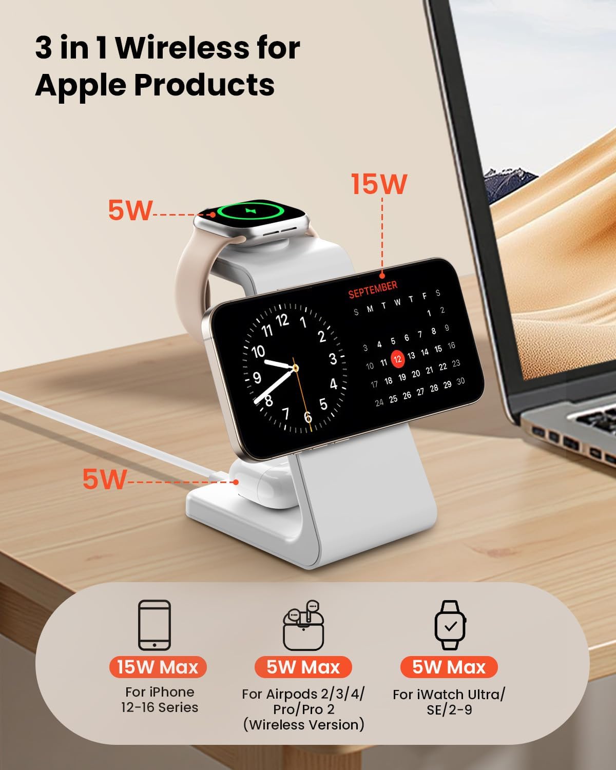 Magsafe Wireless Charging Station for iPhone: 3 in 1 15W Magnetic Portable Desktop Charging Station Qi2 Certified Charger Stand for iPhone17/16/15/14/13/12 Series, Apple Watch, AirPods 4/3/Pro