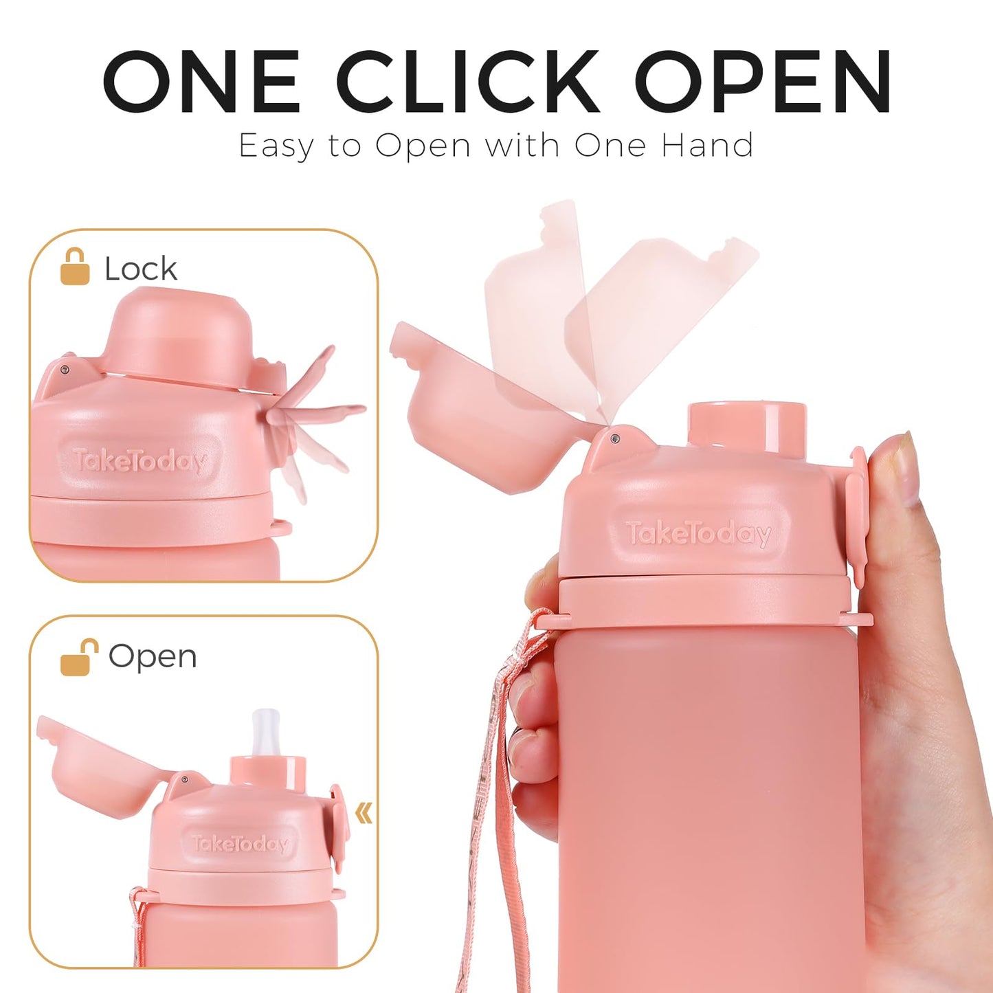 TakeToday Collapsible Water Bottles with Straw for Travel, 21oz, Cherry