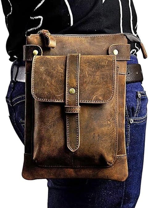 Men's Genuine Leather Small Messenger Shoulder Satchel - Adjustable Waist Bag