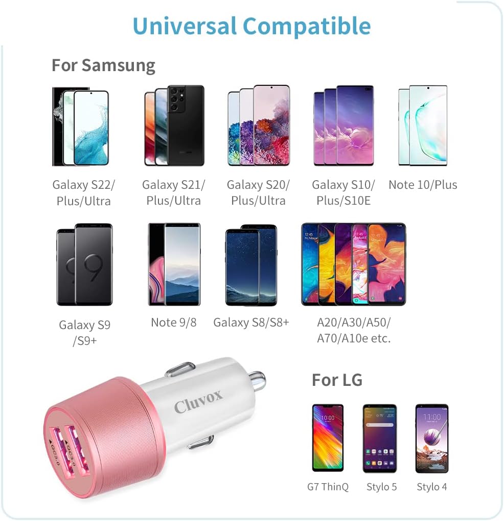 Fast USB C Car Charger, Compatible for Samsung Galaxy S22/S21/S20 Plus/Ultra/S20 FE/S10+/S10e/S9/S8/Note 10/9/8/A20/A50/A70 Quick Charge 3.0 Dual USB Rapid Car Charger with Type C Cord 3.3ft-Rose Gold