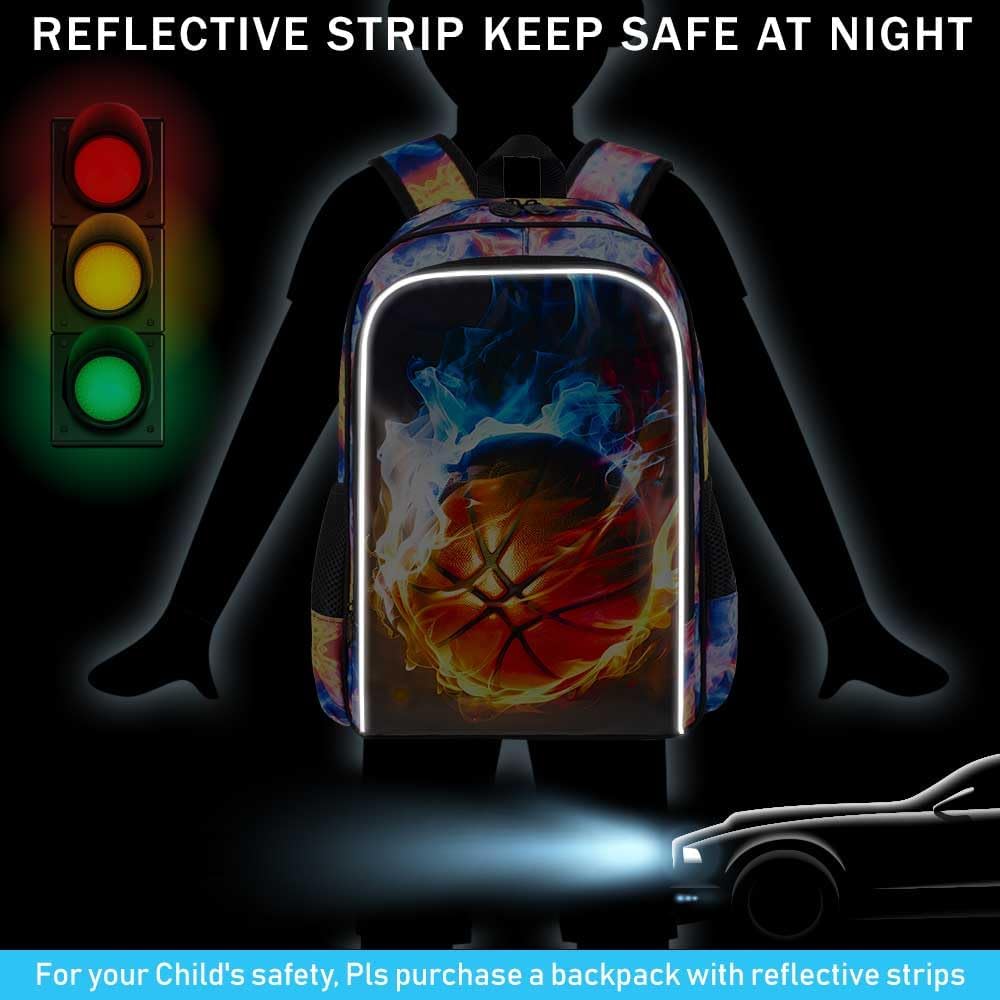 UFNDC 3PCS Kids Basketball Backpack, Boys Fire School Bag with Lunch Box, 17" Water Resistant Bookbag for Teenagers Elementary Middle