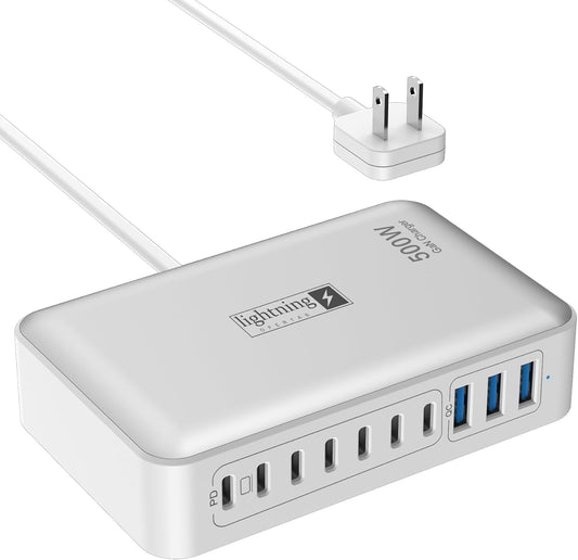 500W Charging Station for Multiple Devices, 10 Ports Charging Blocks for Laptops/Tablets/Cellphones, 140W Max GaN Charger Super Fast Charging for MacBook, Ipad, iPhone, Power Adapter for Travel