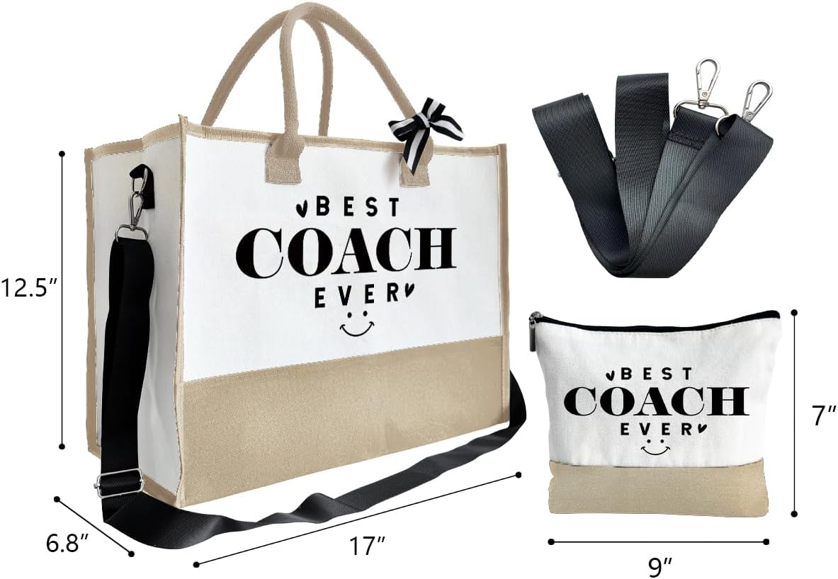 SUSZDOU Gifts for Best Coach Ever - Canvas Beach Tote Bag with Matching Makeup Pouch, Durable Travel Gym Camping Bag, Thank You Gift for Sports Coach, Female Trainers Gifts for Women F1