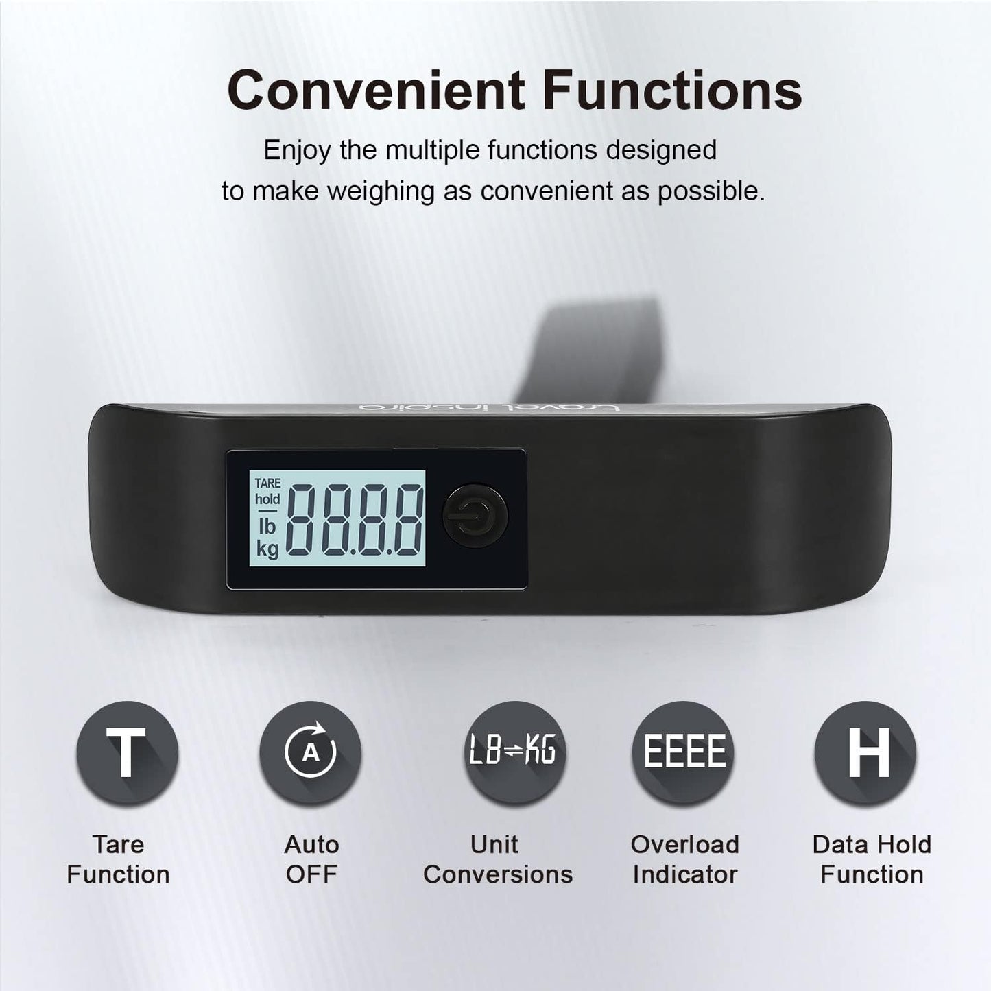 travel inspira Luggage Scale, Portable Digital Hanging Baggage Scale for Travel, Suitcase Weight Scale with Rubber Paint, 110 Pounds, Battery Included