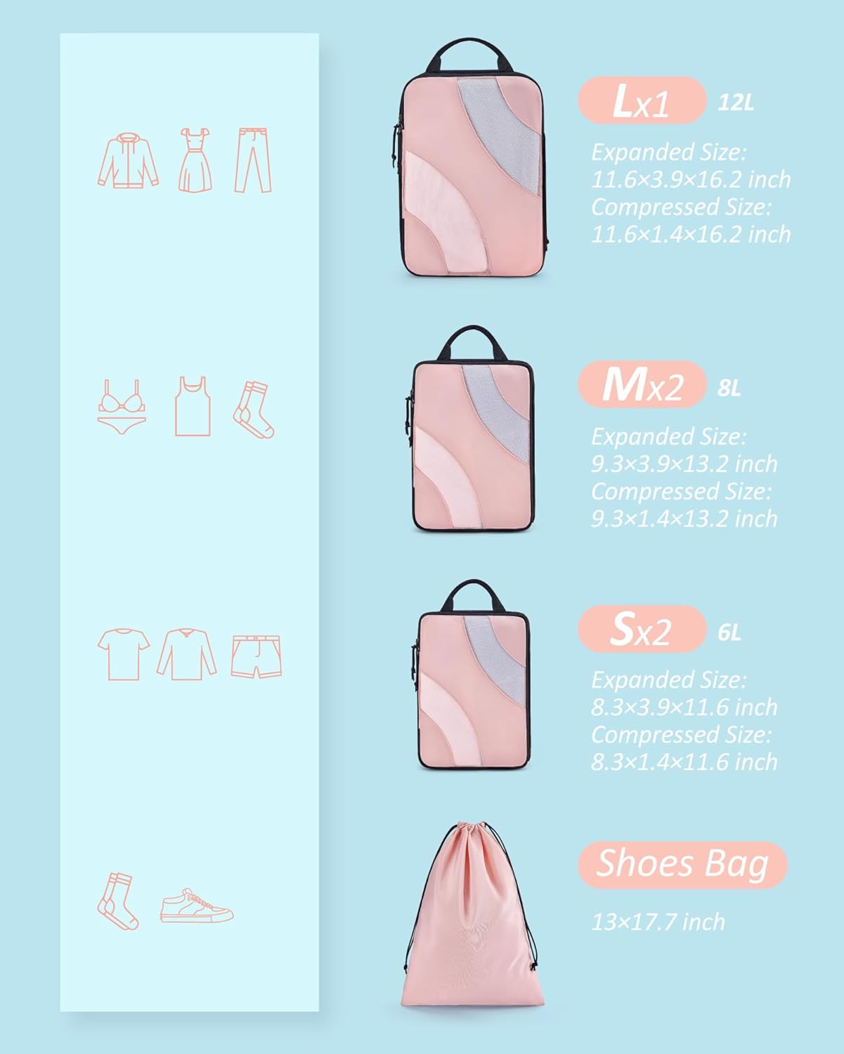 BAGSMART Compression Packing Cubes, 6 Set/4 Set/2 Set Travel Packing Cubes for Carry on Suitcases, Compression Suitcase Organizers Bag Set & Travel Cubes for Luggage, Lightweight Packing Organizers