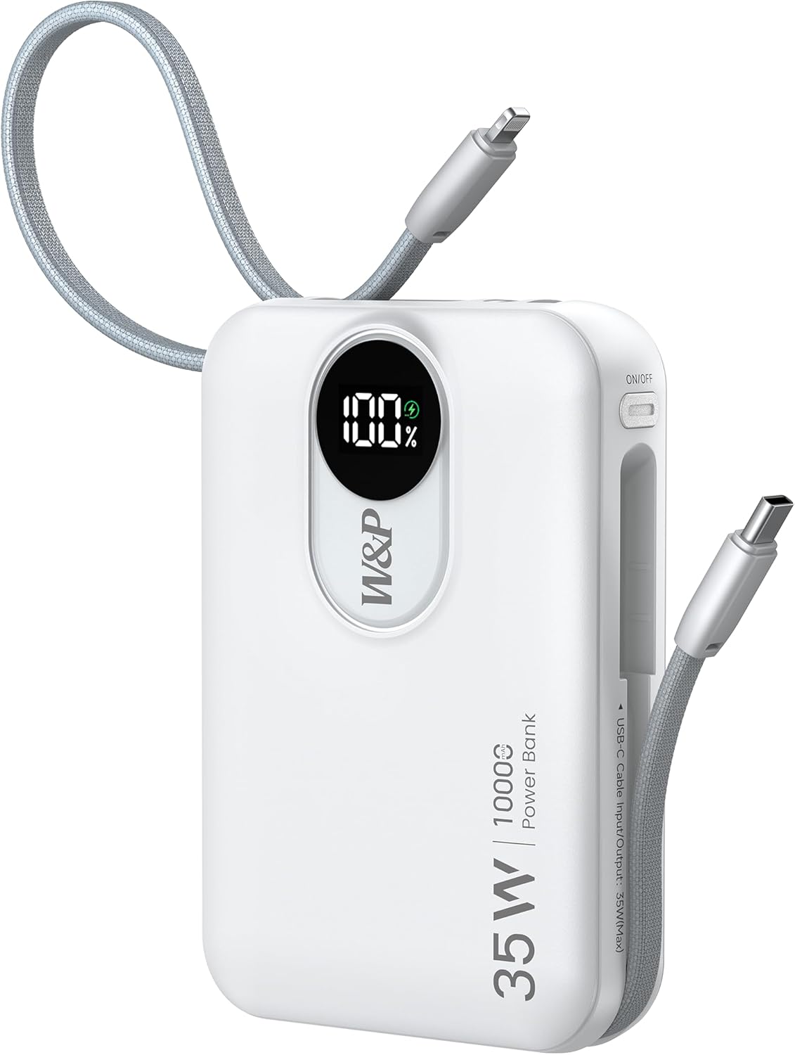 W&P 35W Fast Charging Portable Charger Power Bank 10000mAh with Dual Built-in Cables (USB-C & Lightning), Compact Travel Battery Pack for iPhone 16 15 14, Android, iPad, MacBook