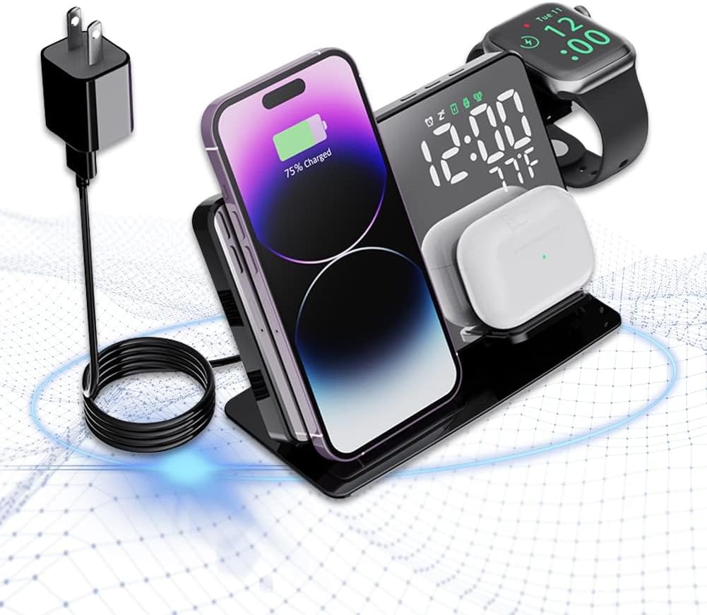 4-in-1 Wireless Charging Station for Apple Devices, 18W Fast Charge Wireless Charger Alarm Clock and Temperature Display, Wireless Charger Stand for iPhone 16 15 14 13 12, Apple Watch