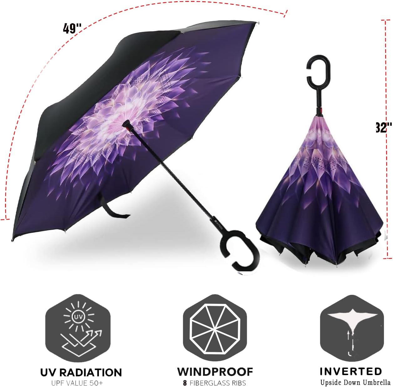 SIEPASA 49/56 Inch Inverted Reverse Upside Down Umbrella, Extra Large Double Canopy Vented Windproof Waterproof Stick Golf Umbrellas with C-shape Handle.