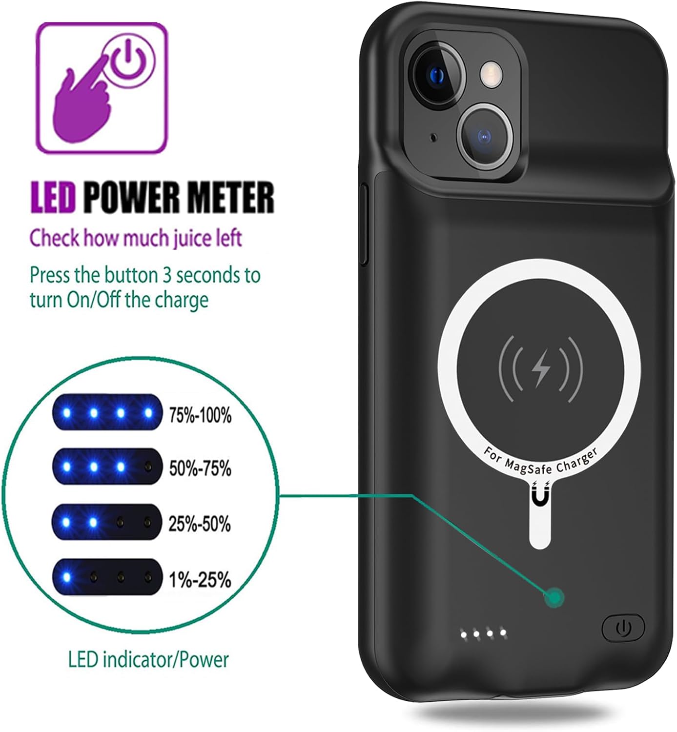 Wireless Charging Case for iPhone 14, 10000mAh High Capacity Portable Rechargeable Protective Battery Case Wireless Charging Compatible with iPhone 14 (6.1 inch) Extended Battery Charger Case (Black)
